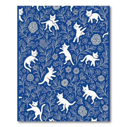 White Cats Blue Floral Garden Rug