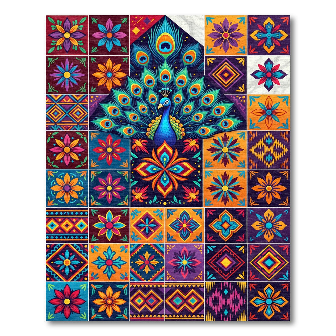 Vibrant Peacock Exotic Tile Composition Rug