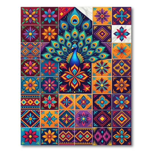 Vibrant Peacock Exotic Tile Composition Rug