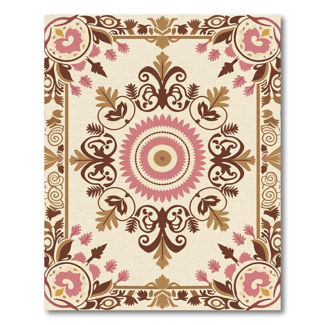 Tan Pink Floral Medallion Garden Rug
