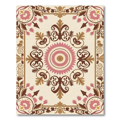 Tan Pink Floral Medallion Garden Rug