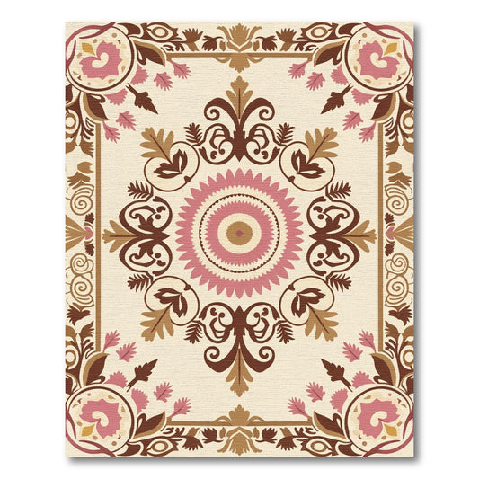 Tan Pink Floral Medallion Garden Rug