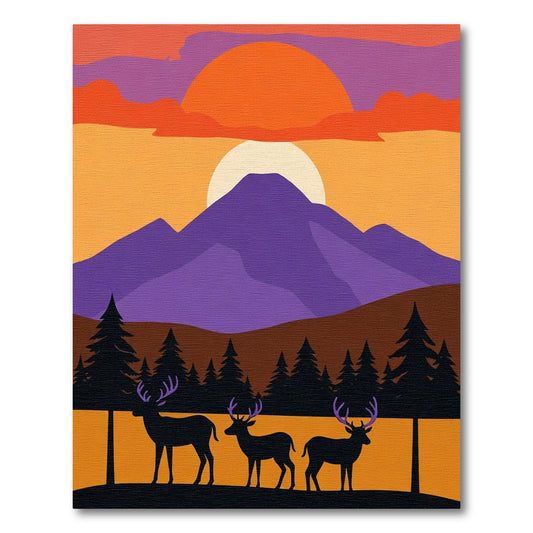 Vibrant Sunset Mountain Deer Silhouette Rug