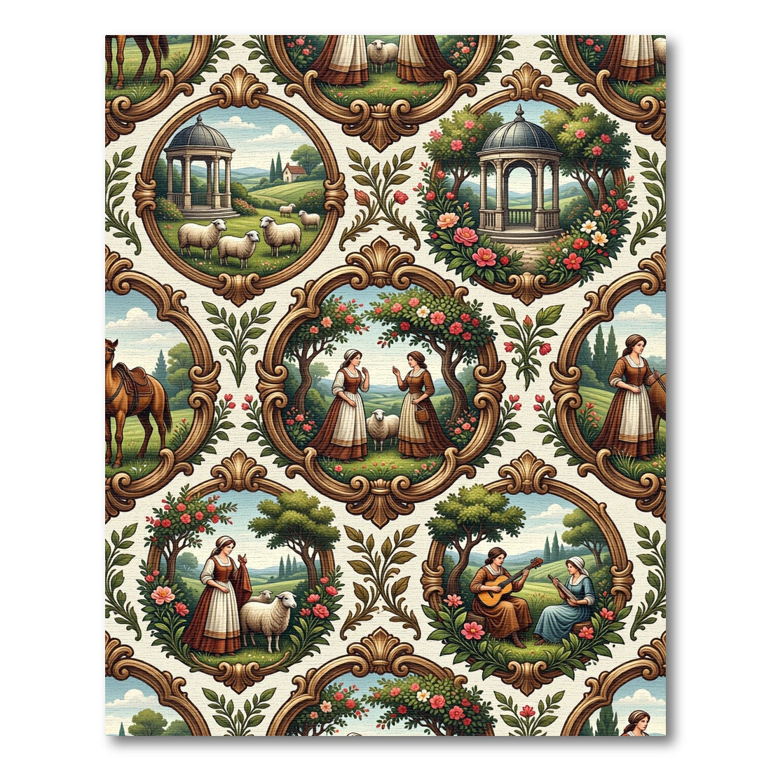 Pastoral Scene Framed Garden Tapestry Rug