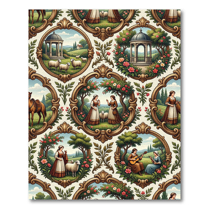 Pastoral Scene Framed Garden Tapestry Rug