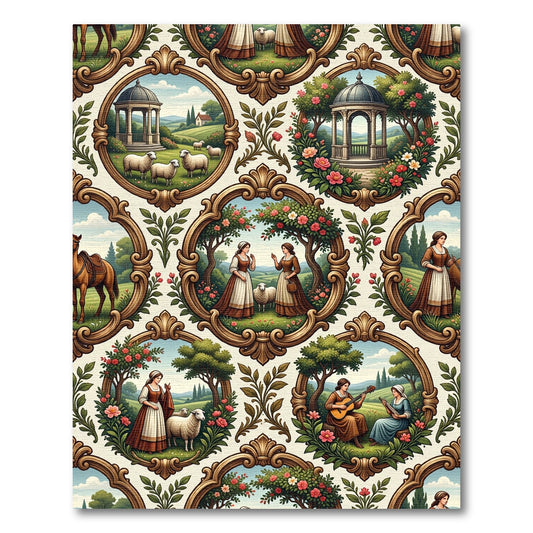 Pastoral Scene Framed Garden Tapestry Rug