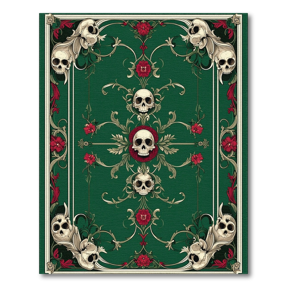 Dark Green Skull Floral Area Rug
