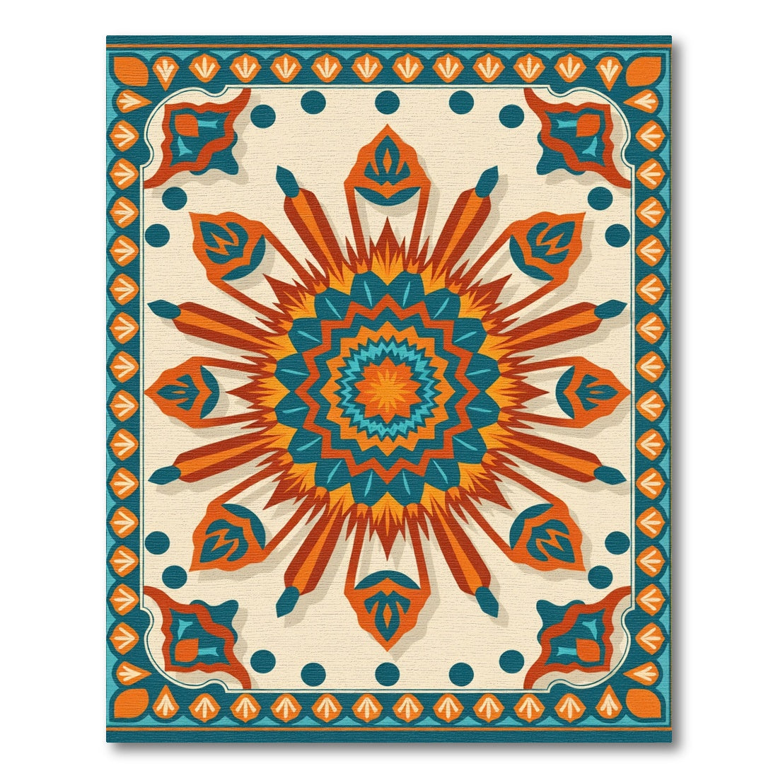 Vibrant Orange Teal Sunburst Medallion Rug