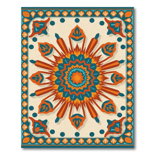 Vibrant Orange Teal Sunburst Medallion Rug