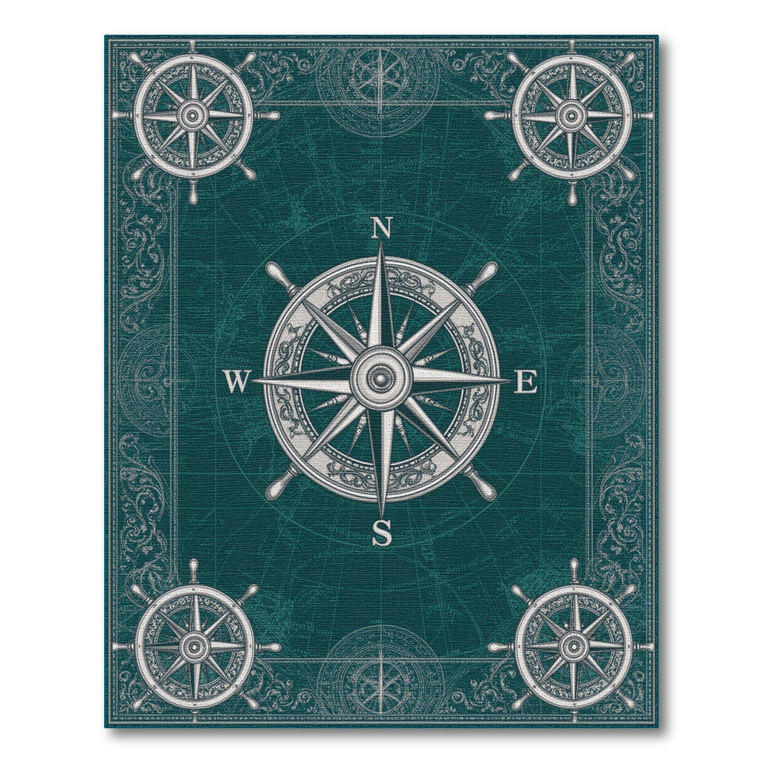 Vintage Nautical Compass Teal Area Rug