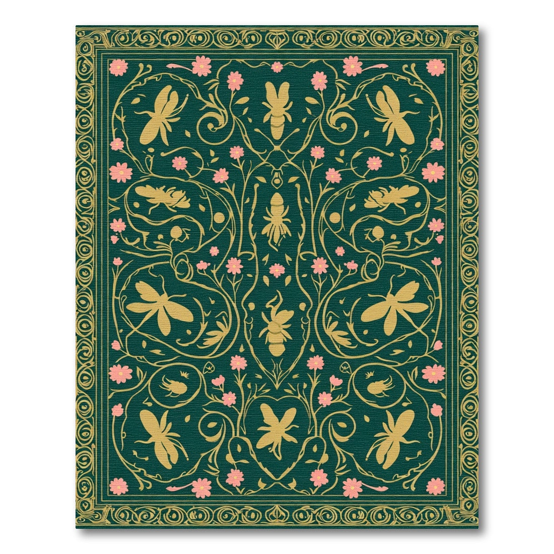 Golden Insects Pink Flowers Emerald Green Border Rug