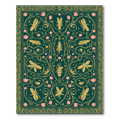 Golden Insects Pink Flowers Emerald Green Border Rug
