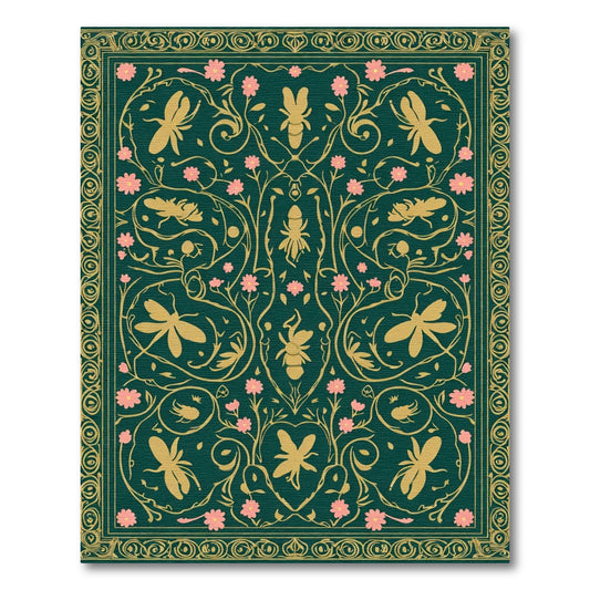 Golden Insects Pink Flowers Emerald Green Border Rug