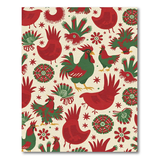 Folk Art Roosters Red Green Cream Rug