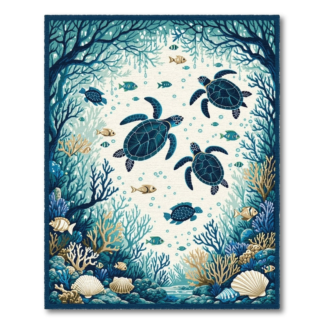 Blue and Teal Blue Teal Sea Turtle Coastal Area Rug