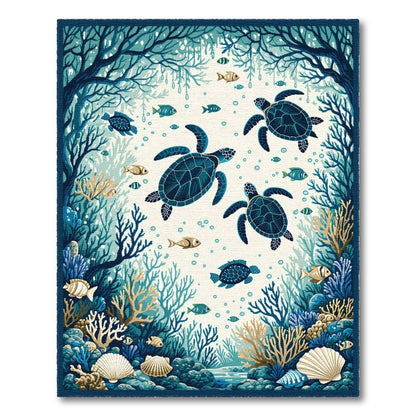 Blue and Teal Blue Teal Sea Turtle Coastal Area Rug