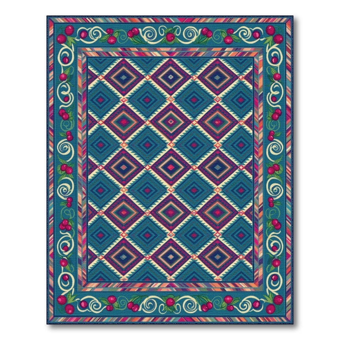 Cherry Border Teal Geometric Area Rug