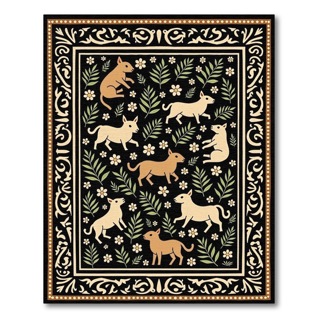 Rustic Dogs and Flowers Black Tapestry Rug