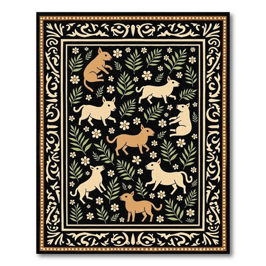 Rustic Dogs and Flowers Black Tapestry Rug
