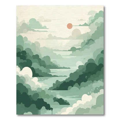Misty Emerald Clouds Sunrise Landscape Rug