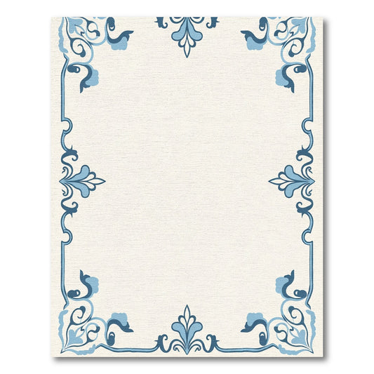 Vintage Blue Floral Scrollwork Border Rug