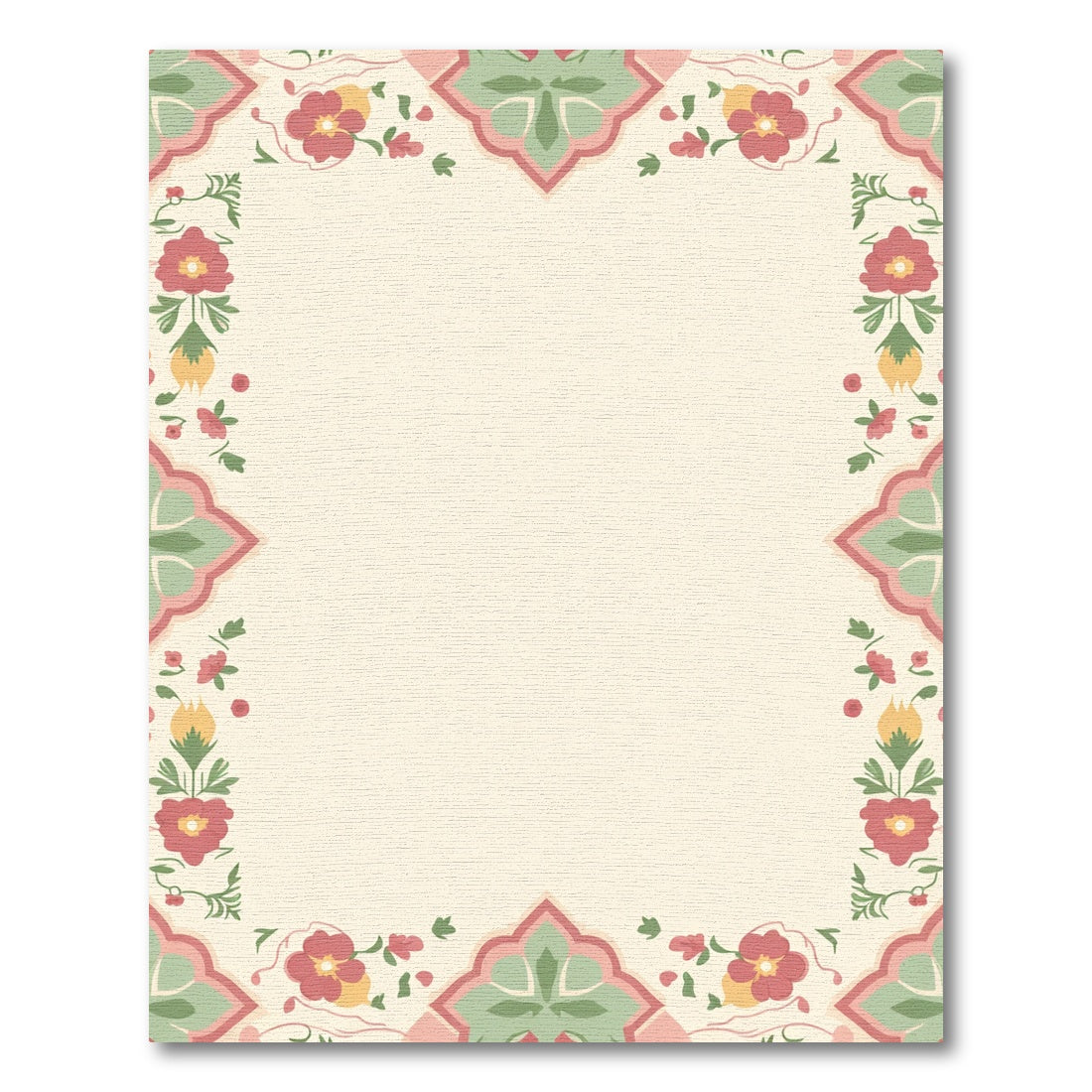 Tender Pink Green Floral Scroll Frame Rug