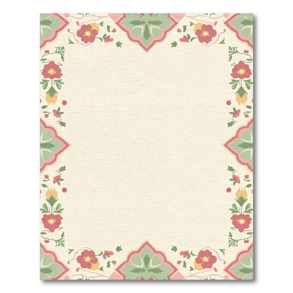 Tender Pink Green Floral Scroll Frame Rug