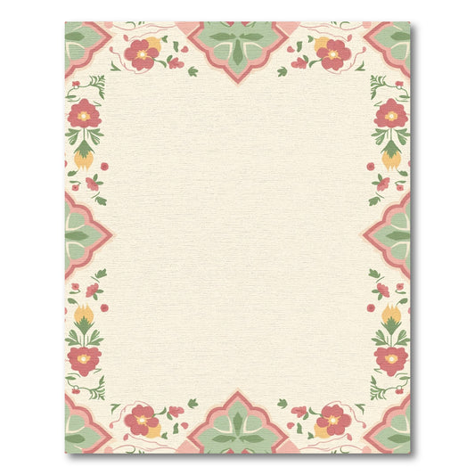 Tender Pink Green Floral Scroll Frame Rug
