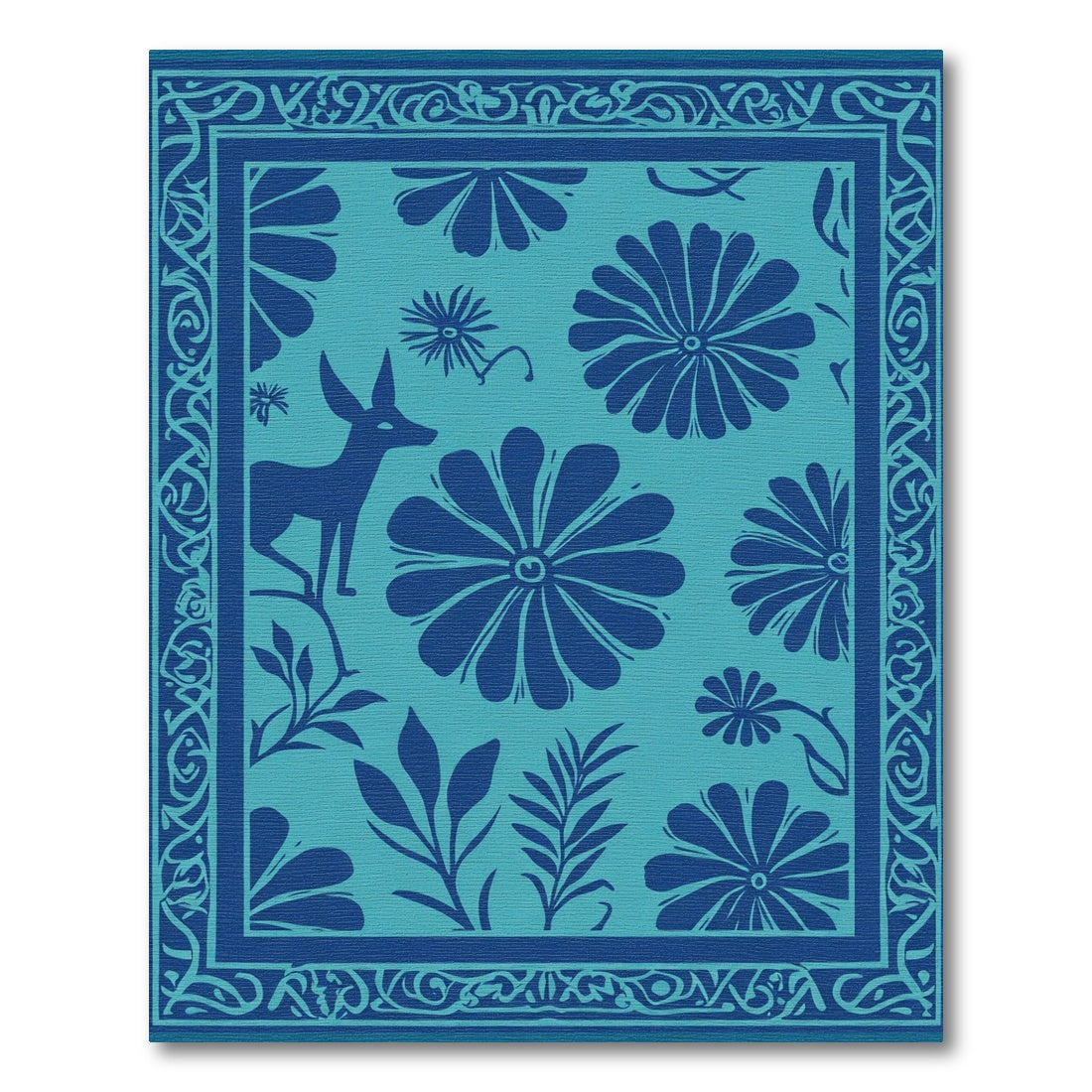 Deep Teal Floral Deer Border Rug