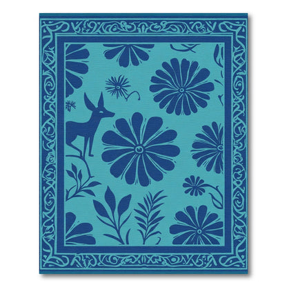 Deep Teal Floral Deer Border Rug