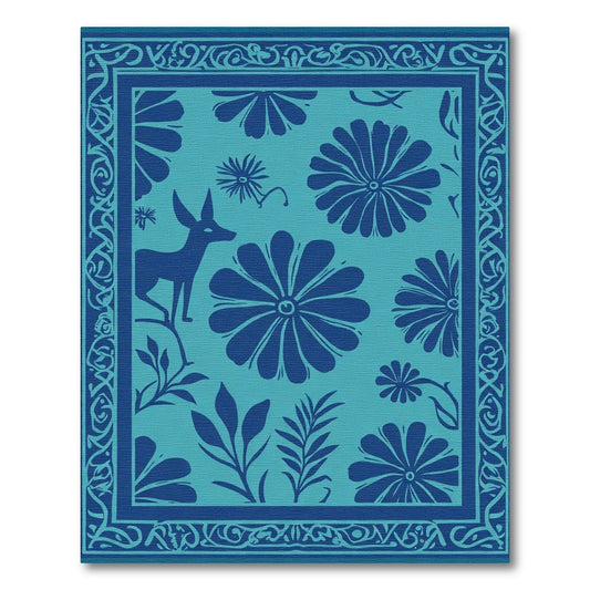 Deep Teal Floral Deer Border Rug