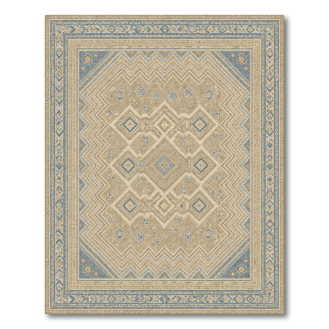 Distressed Blue Geometric Vintage Area Rug