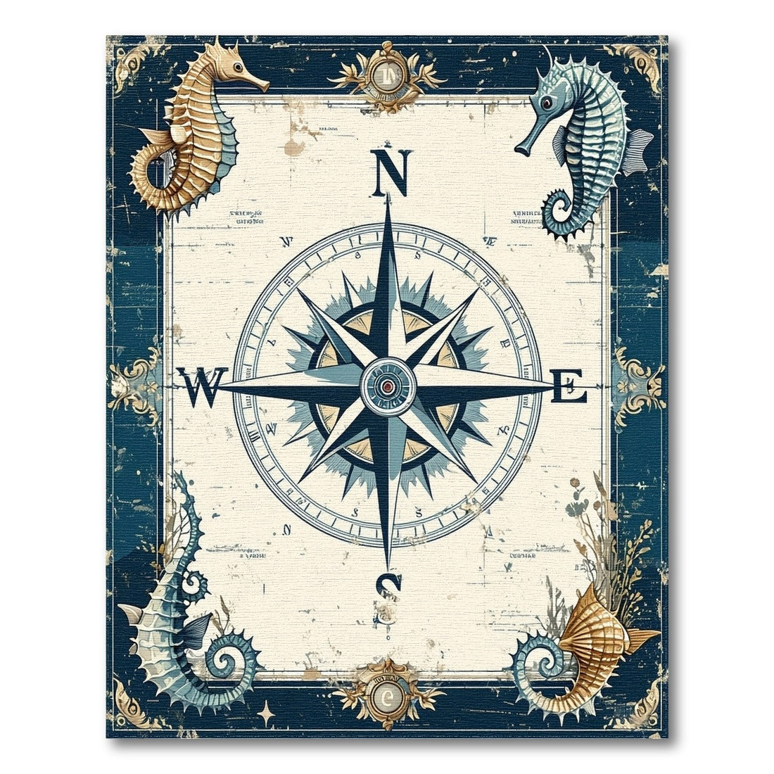 Vintage Compass Seahorse Blue Area Rug