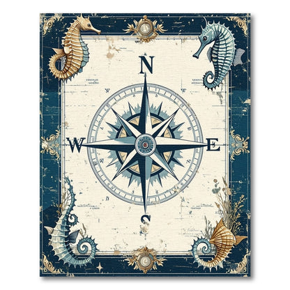 Vintage Compass Seahorse Blue Area Rug