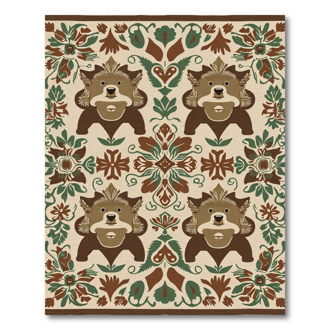 Cozy Brown Bear Folk Art Rug