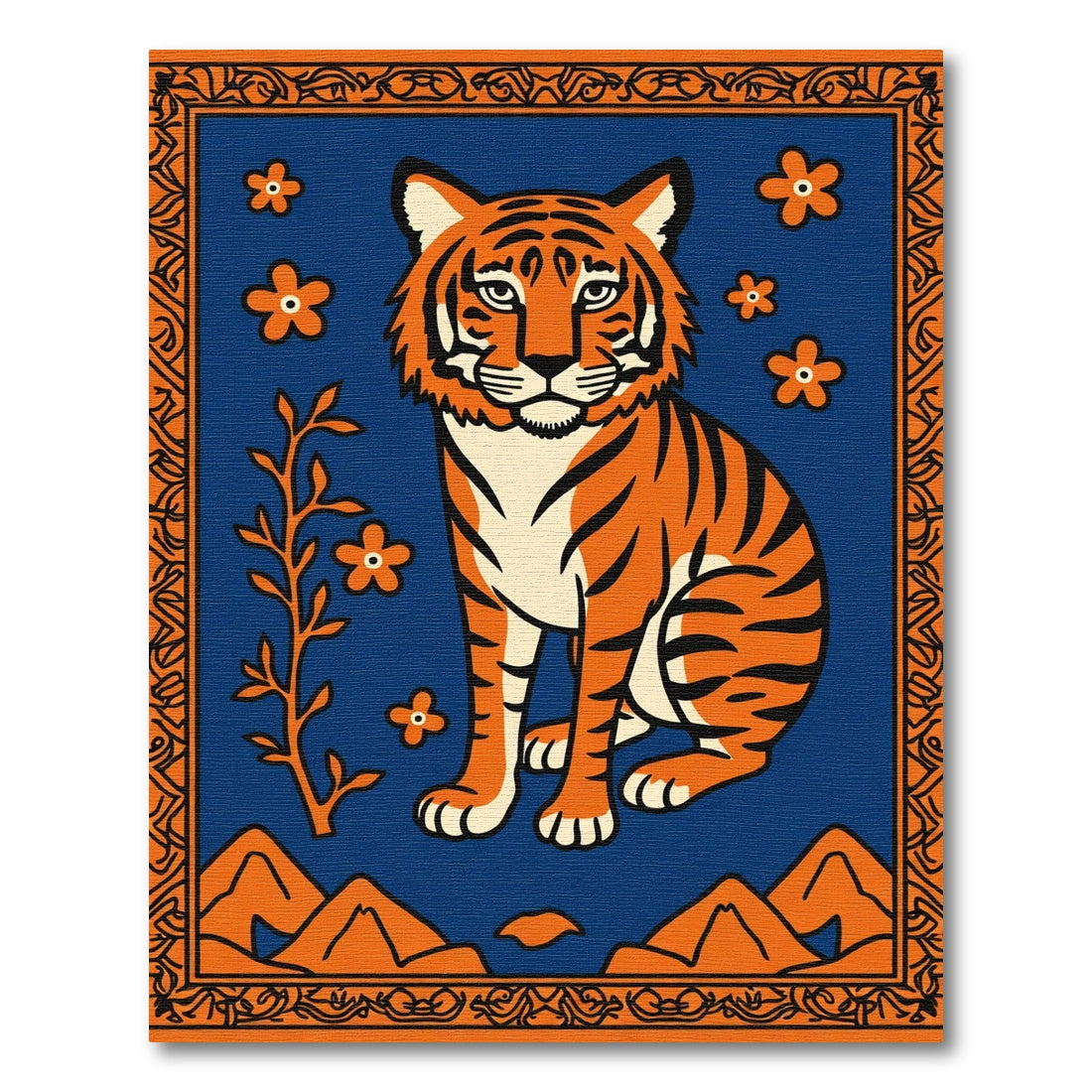 Vibrant Orange Tiger Floral Landscape Rug