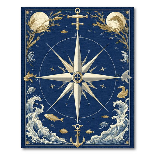 Blue and Teal Nautical Compass Anchor Coastal Area Rug