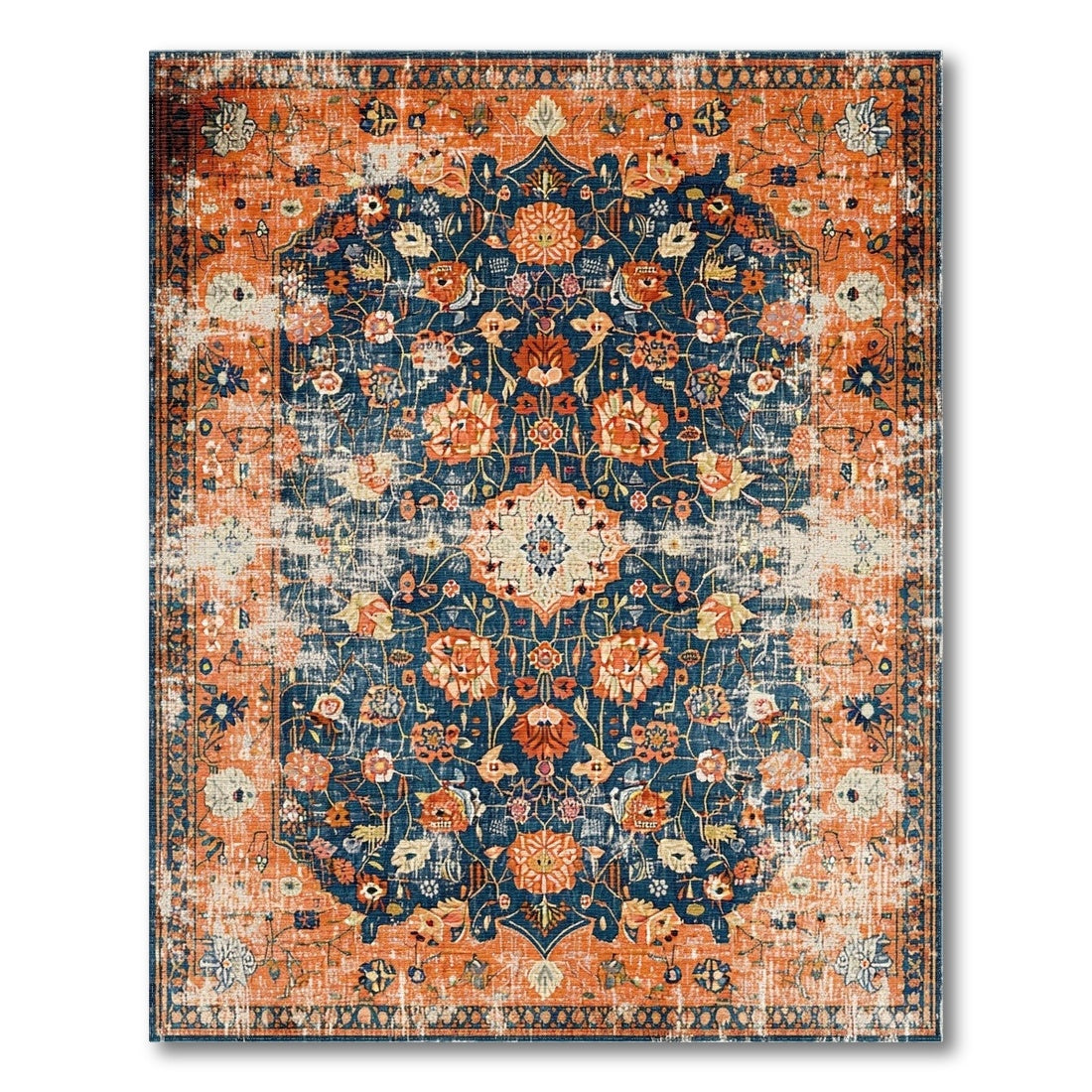 Distressed Orange Floral Vintage Area Rug