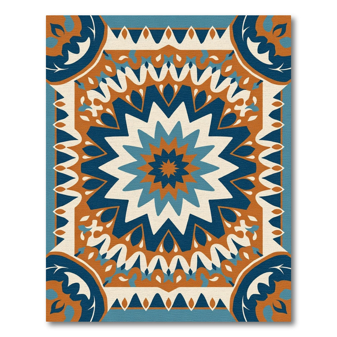 Terracotta Blue White Starburst Mandala Rug