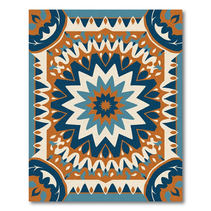 Terracotta Blue White Starburst Mandala Rug