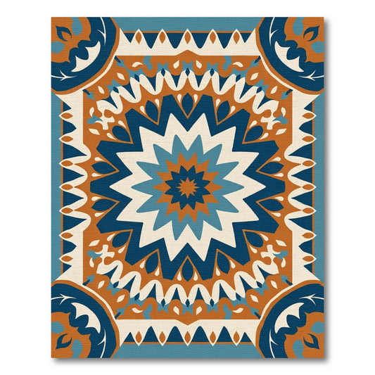 Terracotta Blue White Starburst Mandala Rug