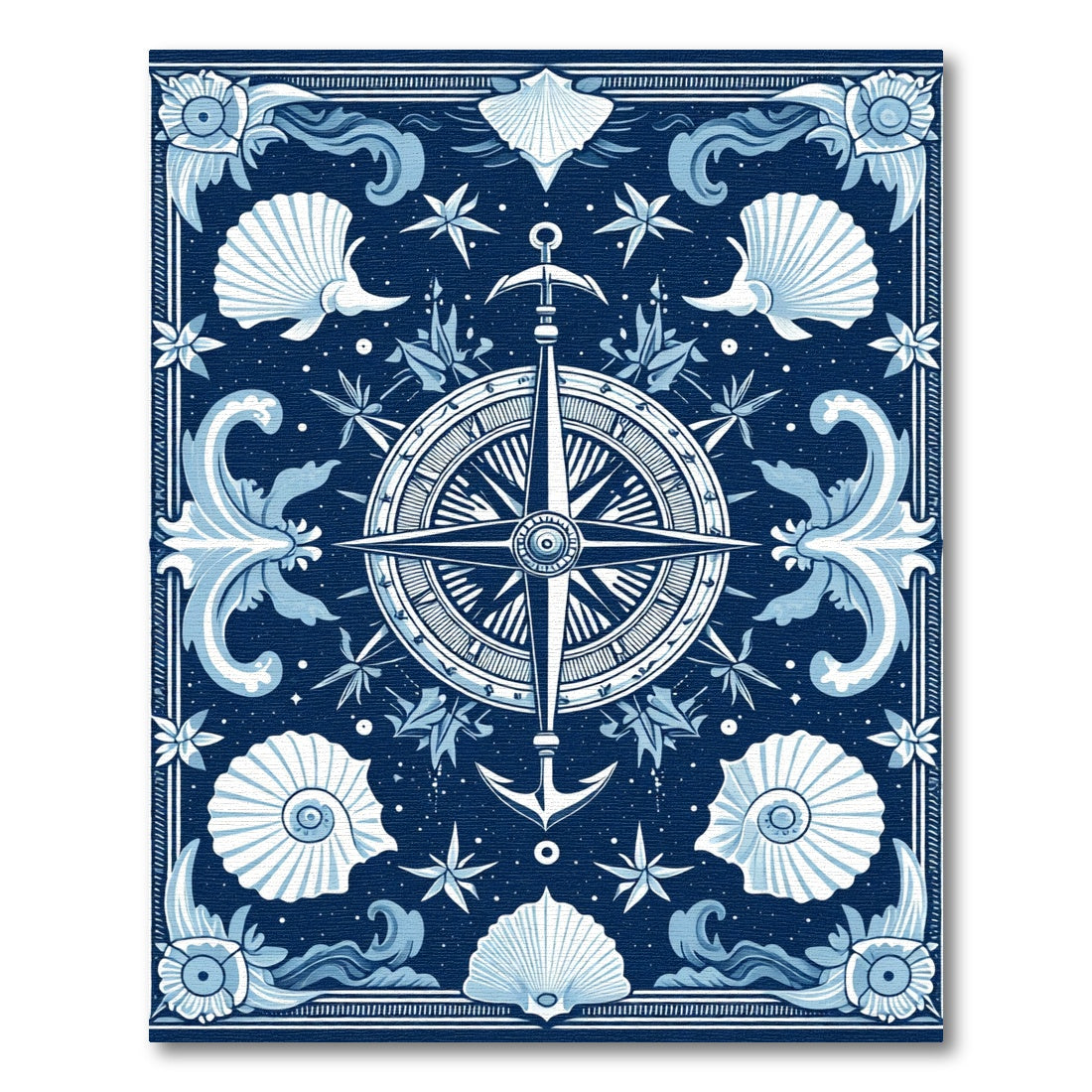 Nautical Compass Seashell Starfish Blue Rug