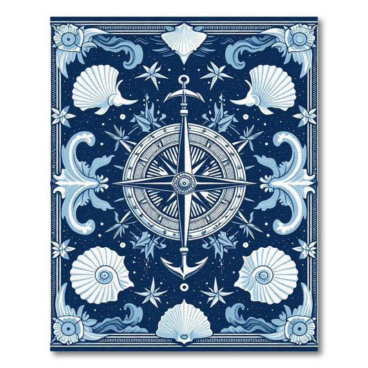 Nautical Compass Seashell Starfish Blue Rug