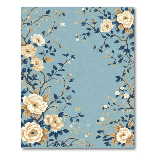 Cream Floral Branches Blue Background Rug