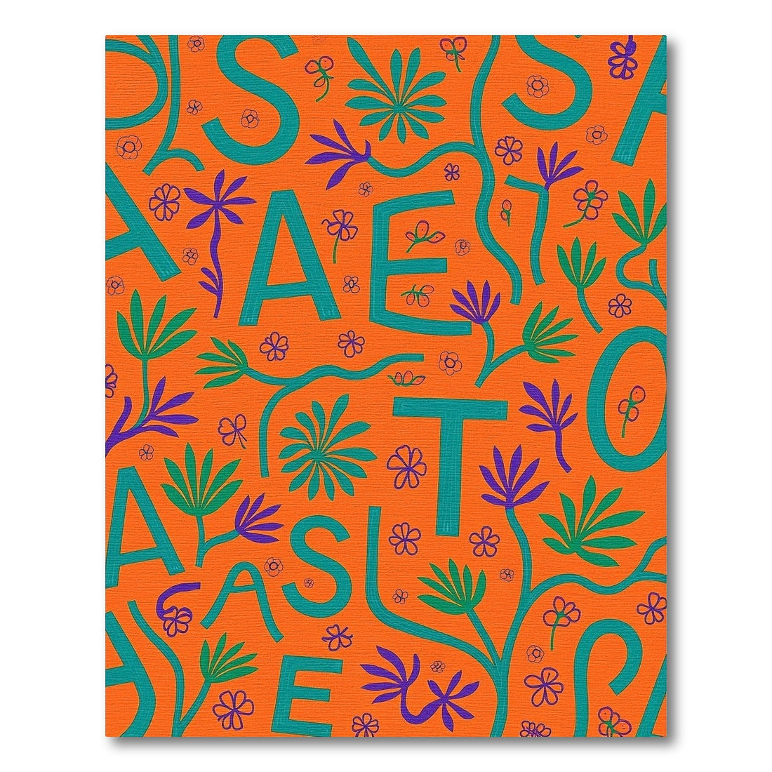 Orange Teal Botanical Alphabet Collage Rug