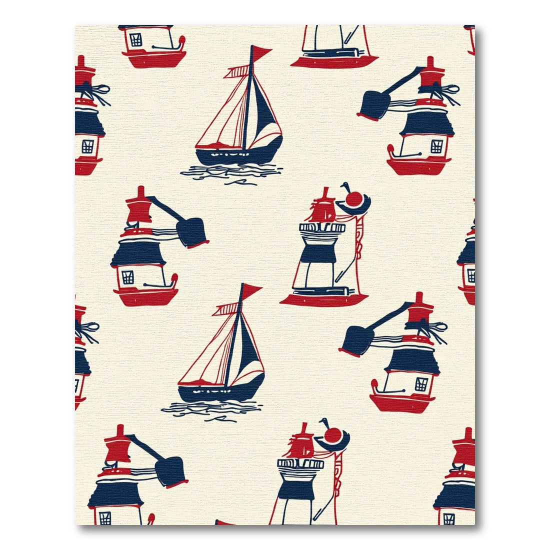 Nautical Red Blue Sailboat Lighthouse Scene Rug