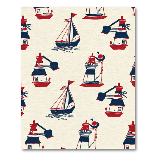 Nautical Red Blue Sailboat Lighthouse Scene Rug