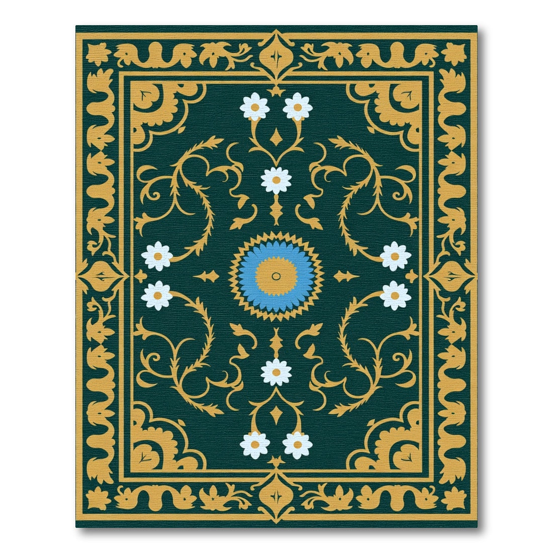 Deep Green Golden Floral Medallion Rug