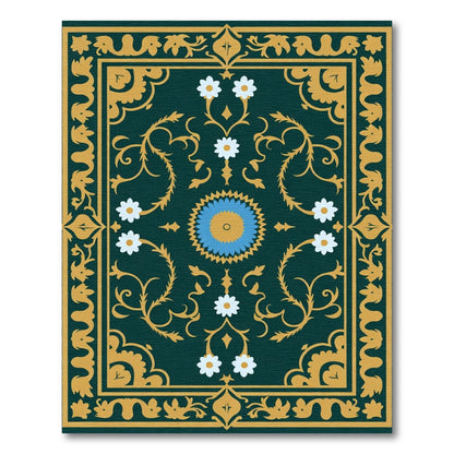 Deep Green Golden Floral Medallion Rug