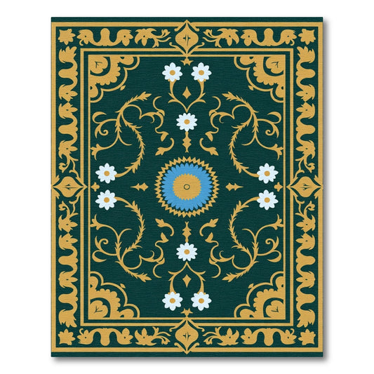 Deep Green Golden Floral Medallion Rug